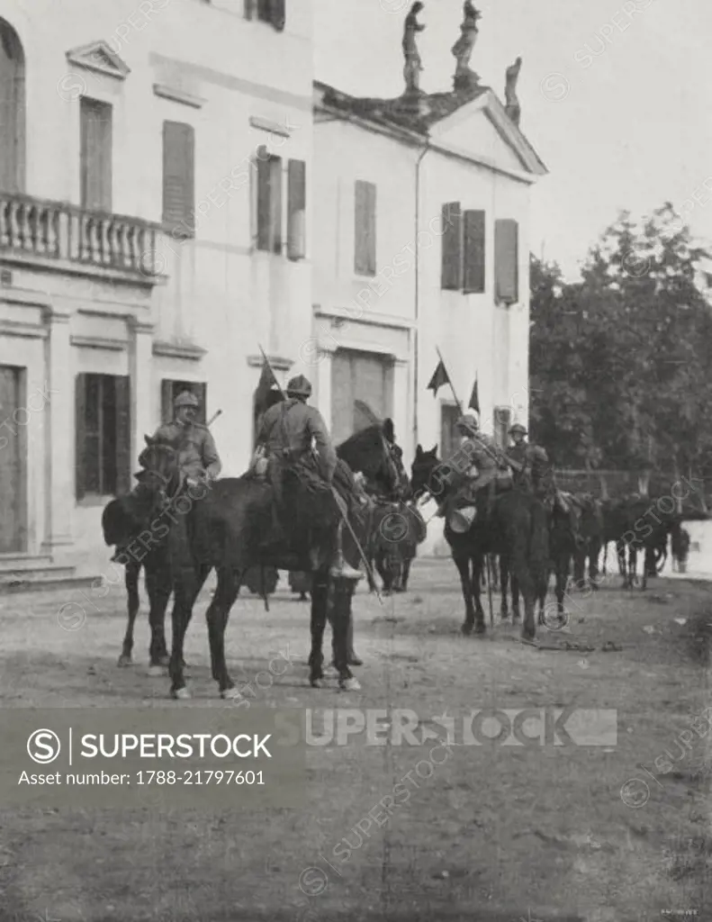 The first Italian cavalry patrols arriving in the villages beyond the River Piave, Battle of Vittorio Veneto, Italy, World War I, from l'Illustrazione Italiana, Year XLV, No 44, November 3, 1918.