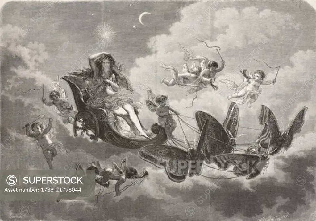 Goddess on a chariot drawn by moths, Allegory of Night, drawing by Champod, illustration from L'Illustration, Journal Universel, No 1055, Volume XLI, May 16, 1863.