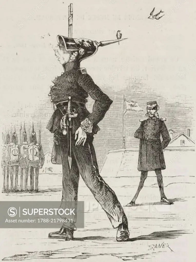 Prussian infantryman, caricature, illustration from L'Illustration, Journal Universel, No 1095, Volume XLIII, February 20, 1864.