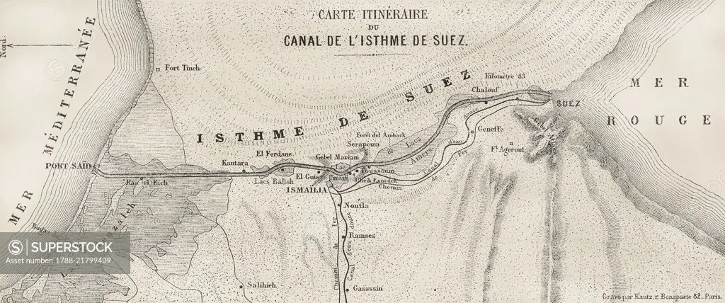 Map of the canal through the Isthmus of Suez, Egypt, Krautz illustration from L'Illustration, Journal Universel, No 1382, Volume LIV, August 21, 1869.