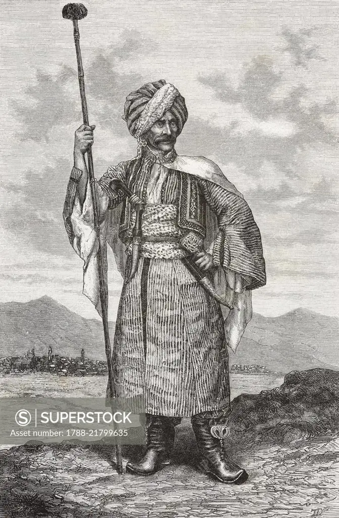 Kurdish chief, drawing from Travels in Lazistan and in Armenia, 1869, by Theophile-Louis Deyrolle (1844-1923), from Il Giro del mondo (World Tour), Journal of geography, travel and costumes, Volume IV, Issue 8, July 20, 1876.