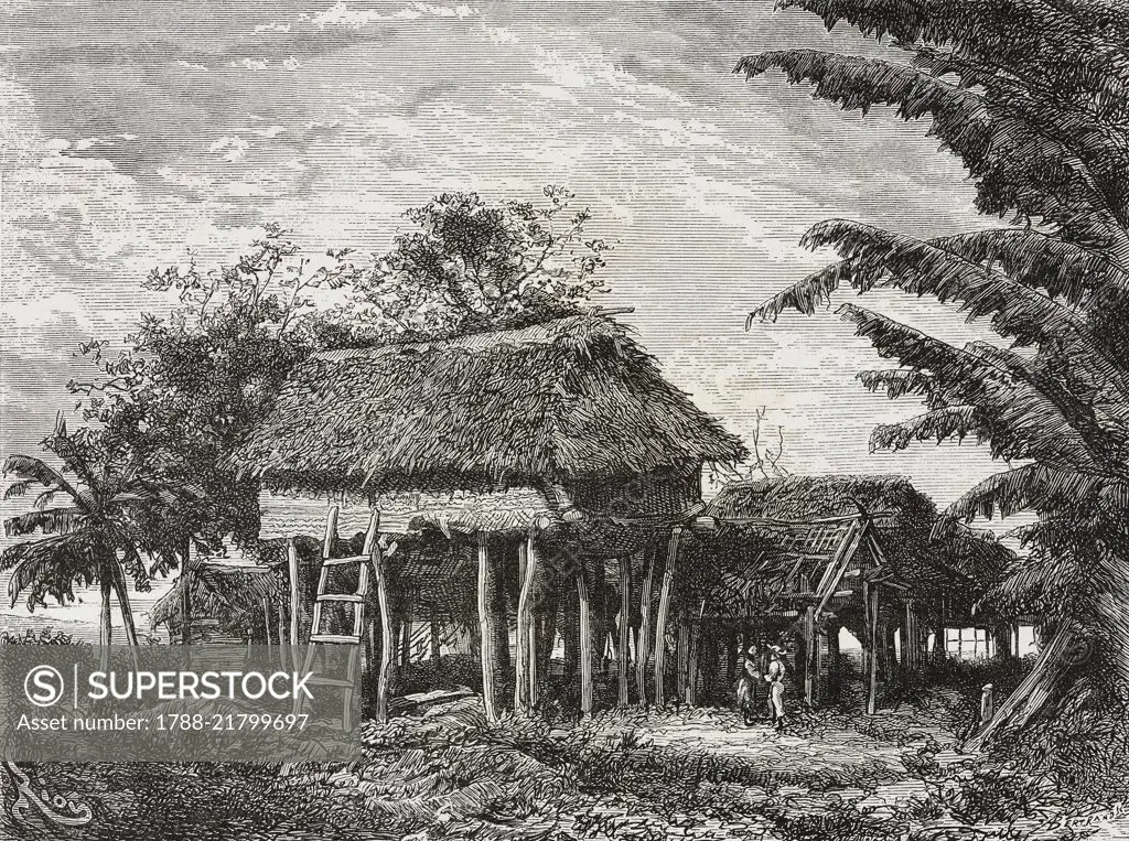 Stilt houses of Cook Islands natives settled in the Atiamaono plantation Atiamaono plantation, drawing by Edouard Riou (1833-1900) from a photograph, from by The Archipelago of Tahiti, Memories of Pacific, 1872-1874, by A Pailhes, from Il Giro del mondo (World Tour), Journal of geography, travel and costumes, Volume IV, Issue 14, August 31, 1876.