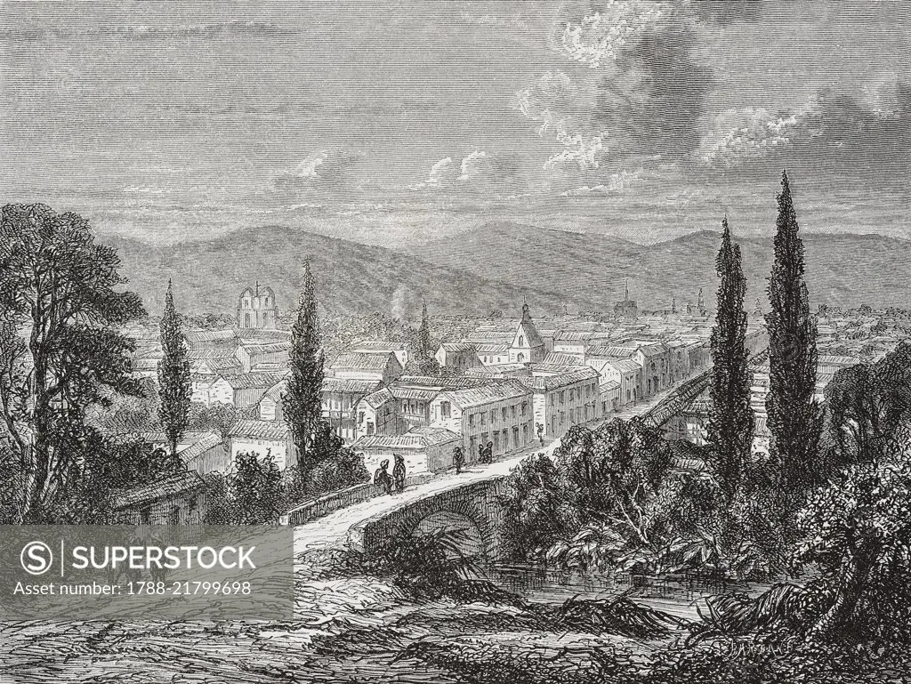 View of Popayan, Colombia, drawing by Delaunay from a sketch of the author, Voyage a la Nouvelle Grenade, 1869, by Charles Saffray (1833-1890), from Il Giro del mondo (World Tour), Journal of geography, travel and costumes, Volume IV, Issue 15, September 7, 1876.