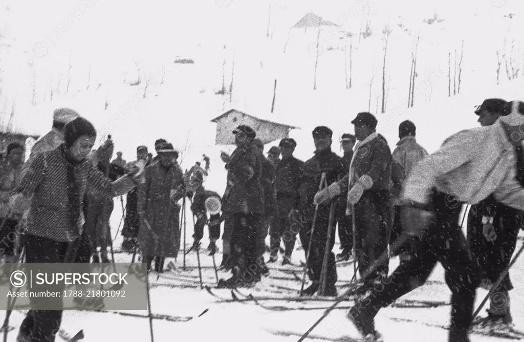 Skiers at Limone Piemonte, trip by the National Recreational Club (Opera nazionale dopolavoro, OND), January 19, 1936, Cuneo, Italy, 20th century.