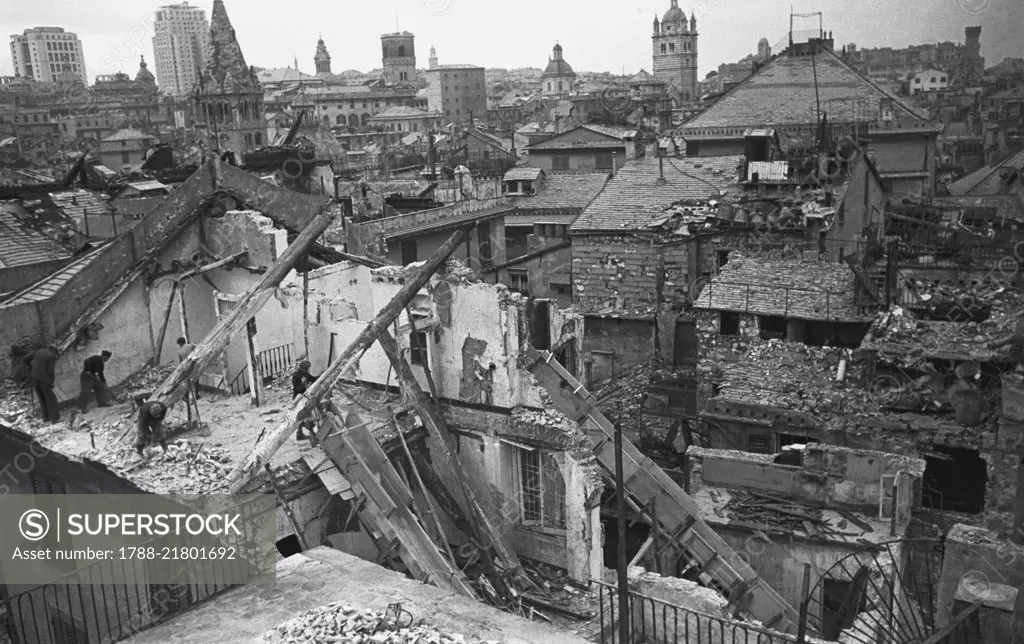 Buildings devastated by Allied bombing, December 12, 1942, Genoa, World War II, Italy, 20th century.