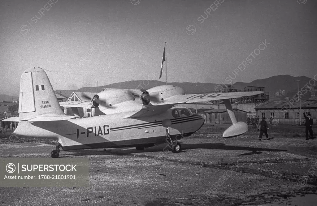 Italian Air Force Piaggio P136 seaplane, December 10, 1949, Genoa port, Italy, 20th century.