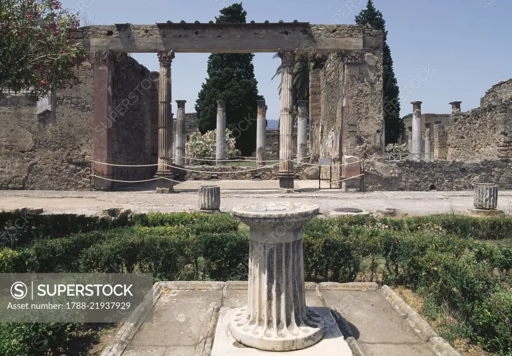 Little column inside the House of the Faun, named after a bronze statue of a satyr that is placed in the impluvium, Pompeii (UNESCO World Heritage Site, 1997), Italy. Roman civilization, 3rd century BC-1st century AD.