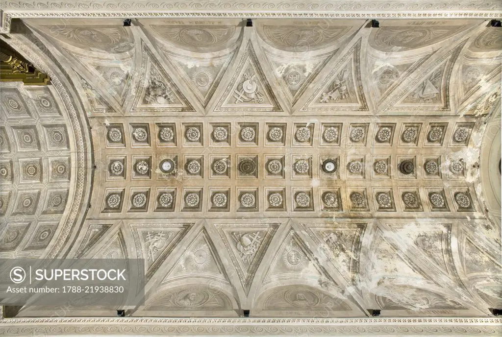 Barrel vault with lunettes, nave in the Collegiate church of St Stephen, Vimercate, Lombardy, Italy, 11th-12th century.