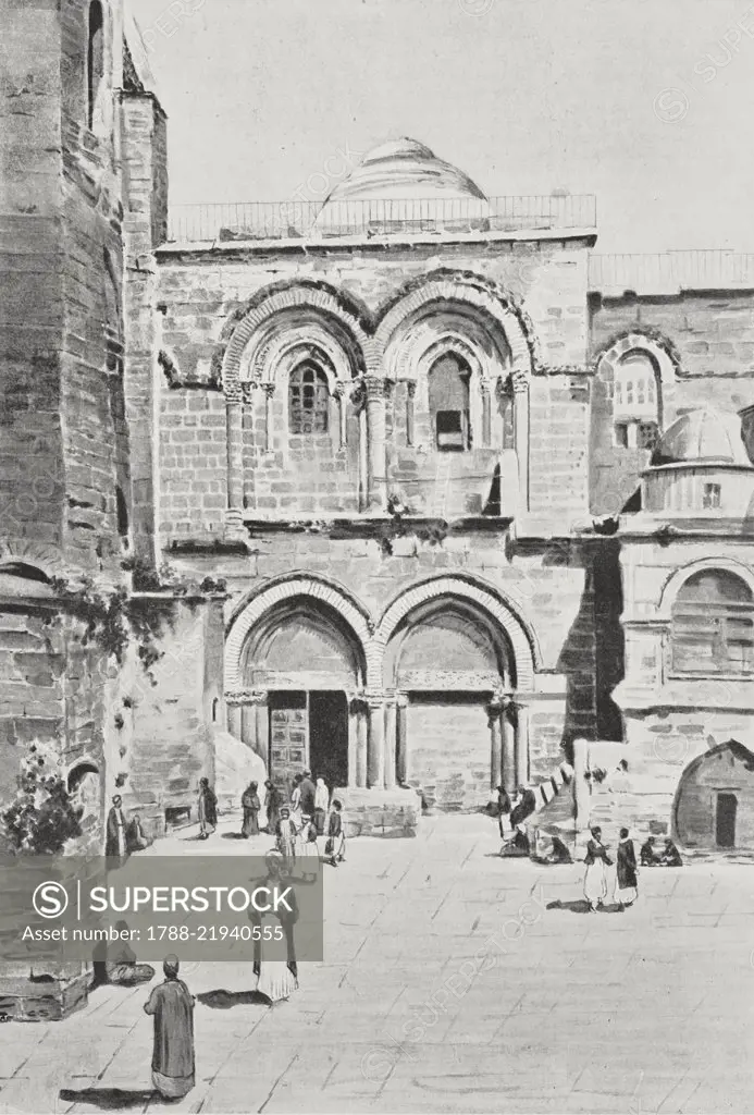 Church of the Holy Sepulcher in Jerusalem, German sovereigns' journey to the East, drawing by Carlo Santini, from L'Illustrazione Italiana, Year XXV, No 44, October 30, 1898.