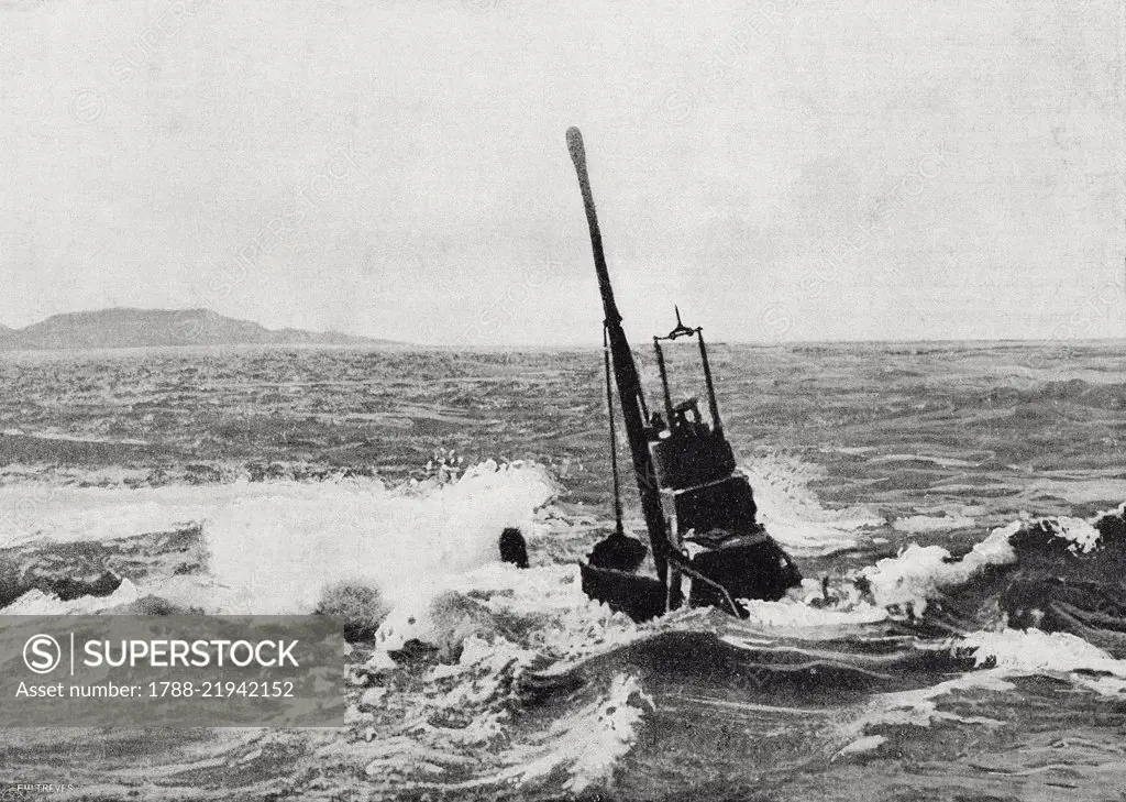 Immersion of the Navalo, Royal Navy (Regia Marina) submarine, during military exercises in the Tyrrhenian Sea, Italy, from L'Illustrazione Italiana, Year XXXV, No 35, August 30, 1908.