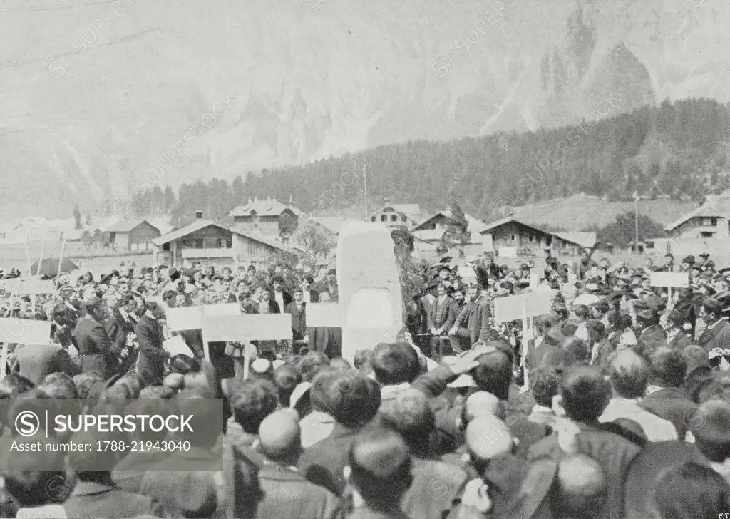 Commemoration for the workers who died during construction of the Loetschberg tunnel, Kandersteg cemetery, Switzerland, from L'Illustrazione Italiana, Year XXXVIII, No 15, April 9, 1911.