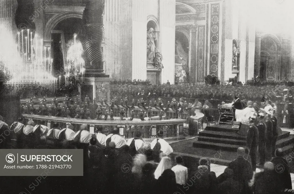 Pope Benedict XV, Cardinals and faithfuls praying for peace in Europe at St Peter's (San Pietro) on February 7, the Vatican, World War I, from L'Illustrazione Italiana, Year XLII, No 7, February 14, 1915.