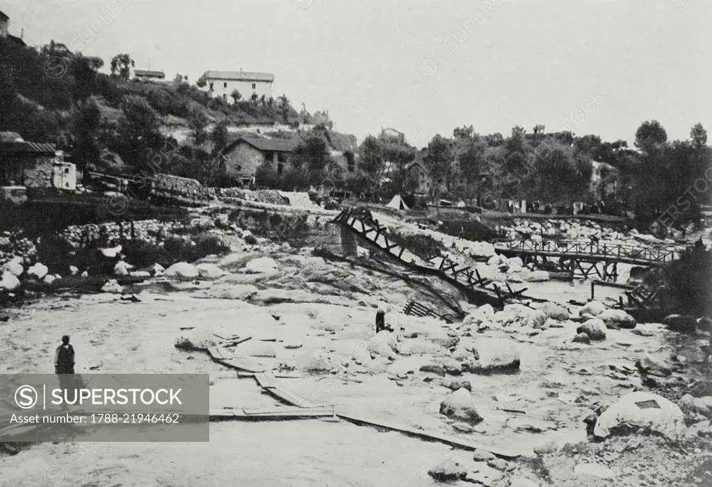 A bridge destroyed by the Austrians on the Posina river, near Arsiero, during the Battaglia degli Altipiani, Italy, World War I, from L'Illustrazione Italiana, Year XLIII, No 32, August 6, 1916.