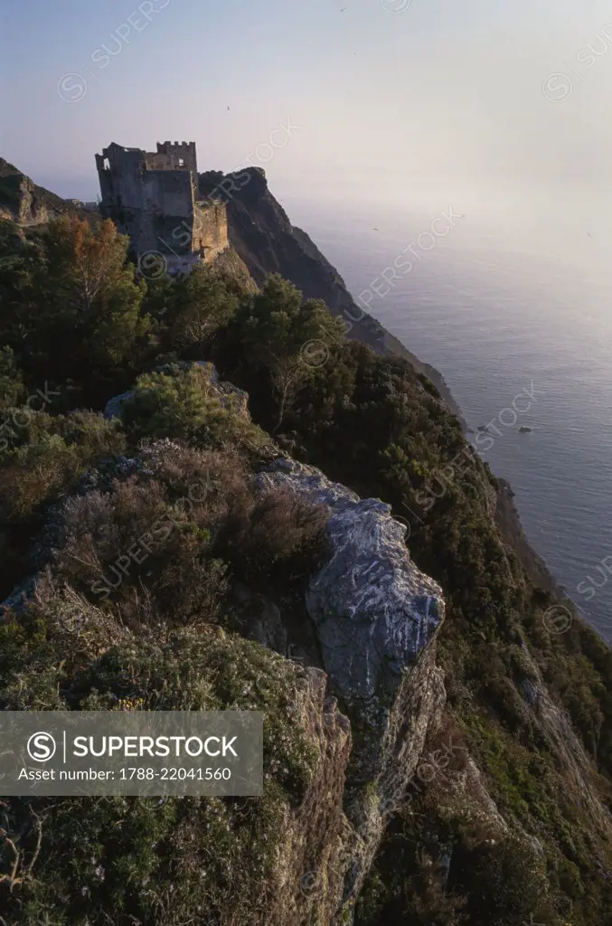 Torre Vecchia (Old tower), Gorgona island, Tuscan Archipelago National Park, Tuscany, Italy.