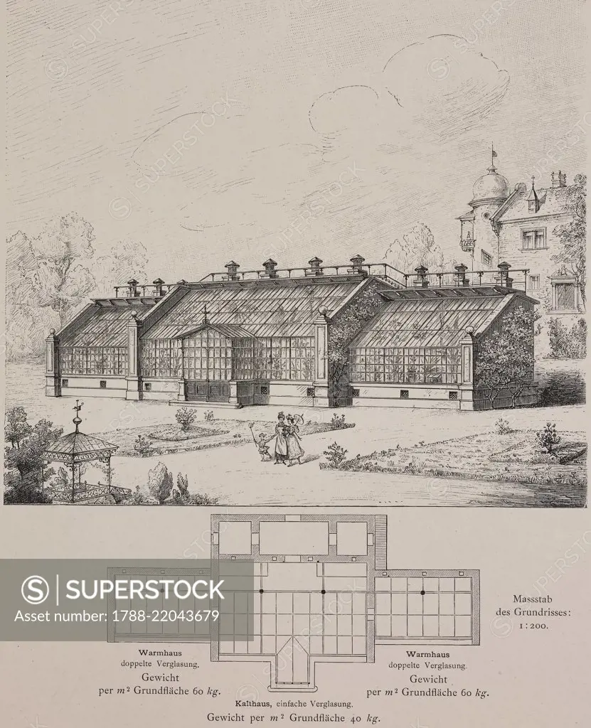 Double-glazed greenhouse (warm greenhouse) and single-glazed greenhouses (cold greenhouse) built for Geza von Rakovszky in Kocsocz, Hungary, engraving, Skizzen und Typen, plate 183, designs by Rudolph Philip Waagner, 1891.