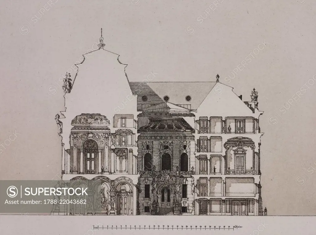 Unfinished design for the Russian Imperial Embassy in Vienna (cross section), 1886, heliograph from Eigene Skizzen, Projekte und ausgefuehrte Bauwerke, by Otto Wagner, Vienna, 1897.