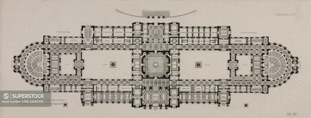 Design submitted for the competition to design the Parliament building in Budapest (layout), Hungary, 1883, heliograph from Eigene Skizzen, Projekte und ausgefuehrte Bauwerke, by Otto Wagner, Vienna, 1897.