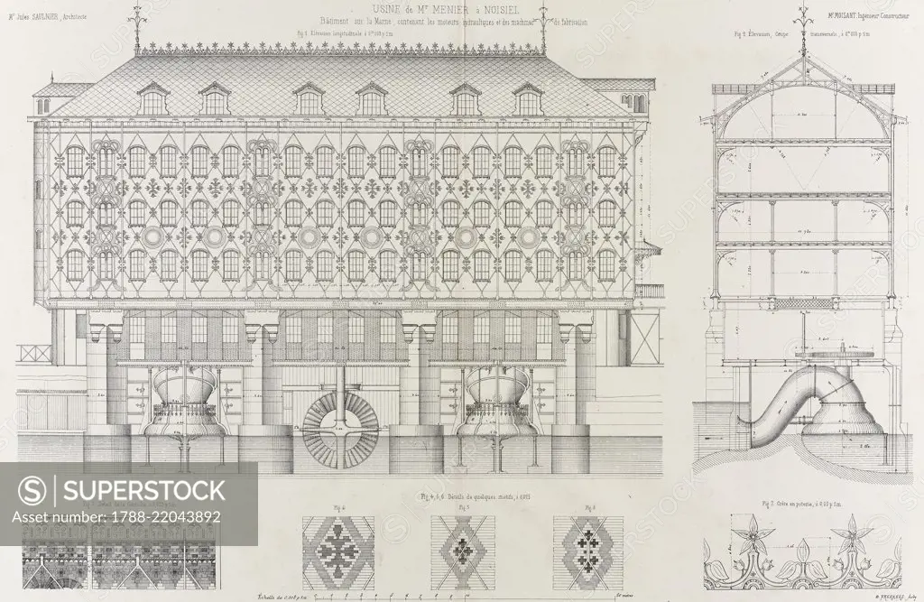 Side elevation and cross-section of Moulin Saulnier (Menier chocolate factory), with longitudinal section of the plumbing and decorative details, Noisiel, France, designed by Jules Saulnier, engraving from Nouvelles annales de la construction, 1872.