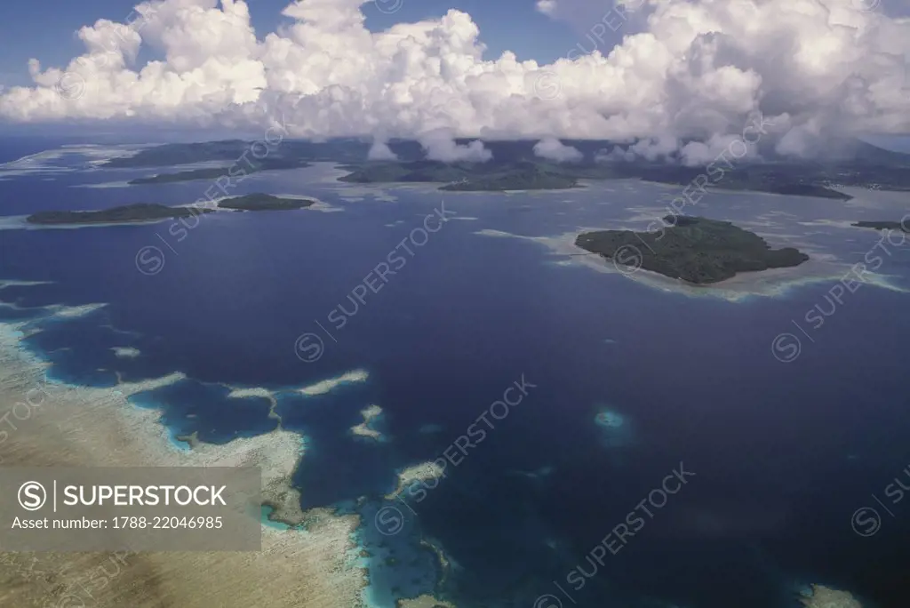 Aerial view of Pohnpei Island and its coral reef, Micronesia.