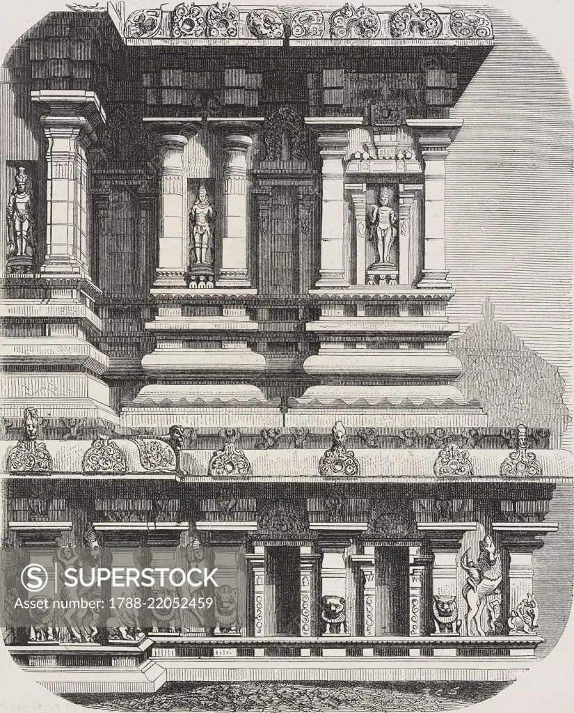 Reliefs on the base of Sri Veeraraghava Swamy Perumal Temple, Tiruvallur, India, illustration from L'Illustration, Journal Universel, No 1405, Volume LV, January 29, 1870.