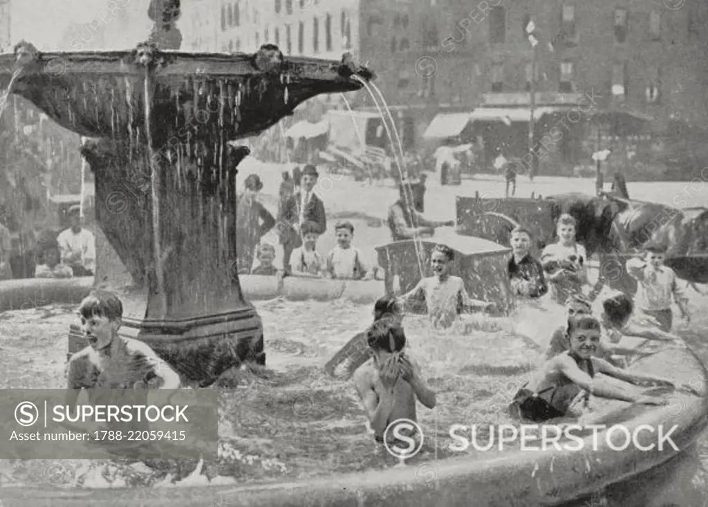 Escape from the summer heat, children refreshing in the waters of a New York fountain, United States of America, photo by George Grantham Bain from L'Illustration, No 3259, August 12, 1905.