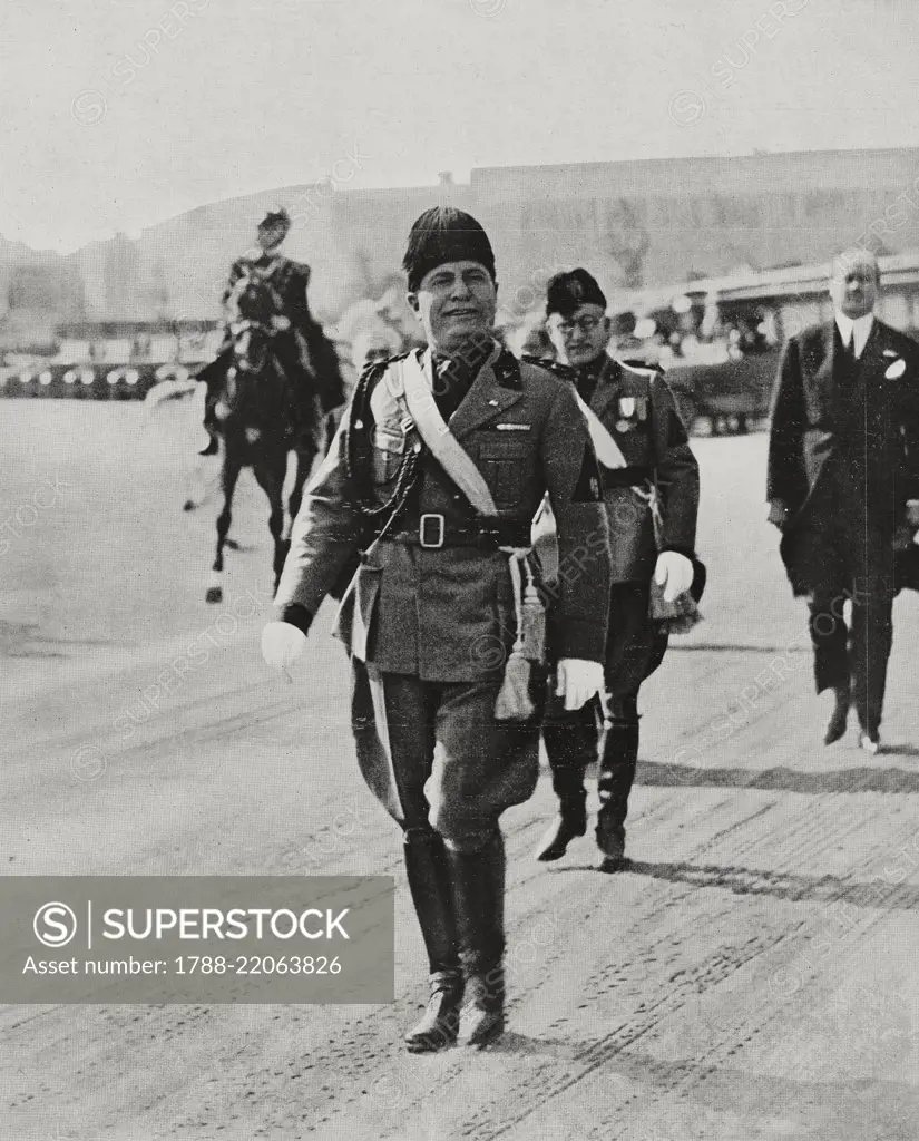 Benito Mussolini in military uniform at Villa Glori, Rome, Italy, from L'Illustrazione Italiana, Year LV, No 43, October 28, 1928.