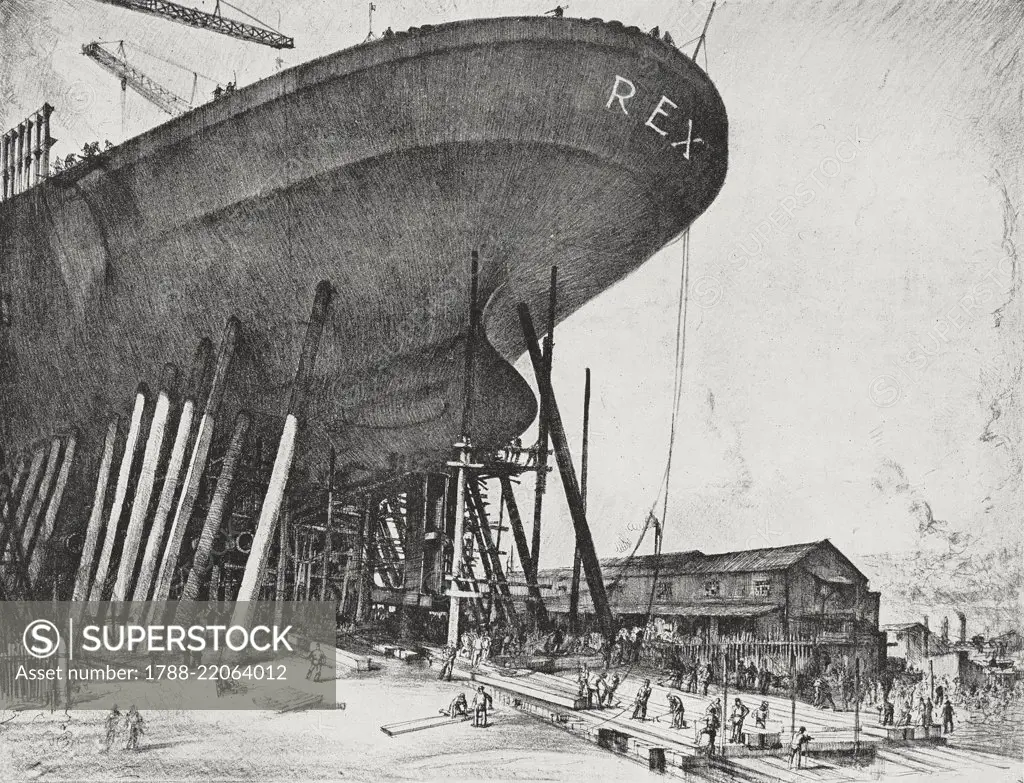 The Italian transatlantic liner Rex is being built at the Ansaldo shipyard in Sestri Ponente, Genoa, Italy, lithograph by Riccardo Lombardo, from L'Illustrazione Italiana, year LVIII, n 32, August 9, 1931.