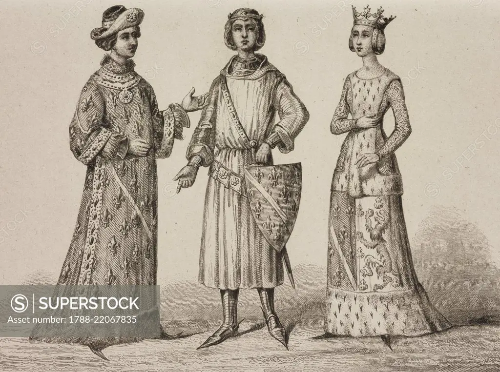 1 and 2, Robert, Count of Clermont (1256-1317), 3 Beatrice of Burgundy (1257-1310), engraving by Lemaitre from France, deuxieme partie, L'Univers pittoresque, published by Firmin Didot Freres, Paris, 1845.