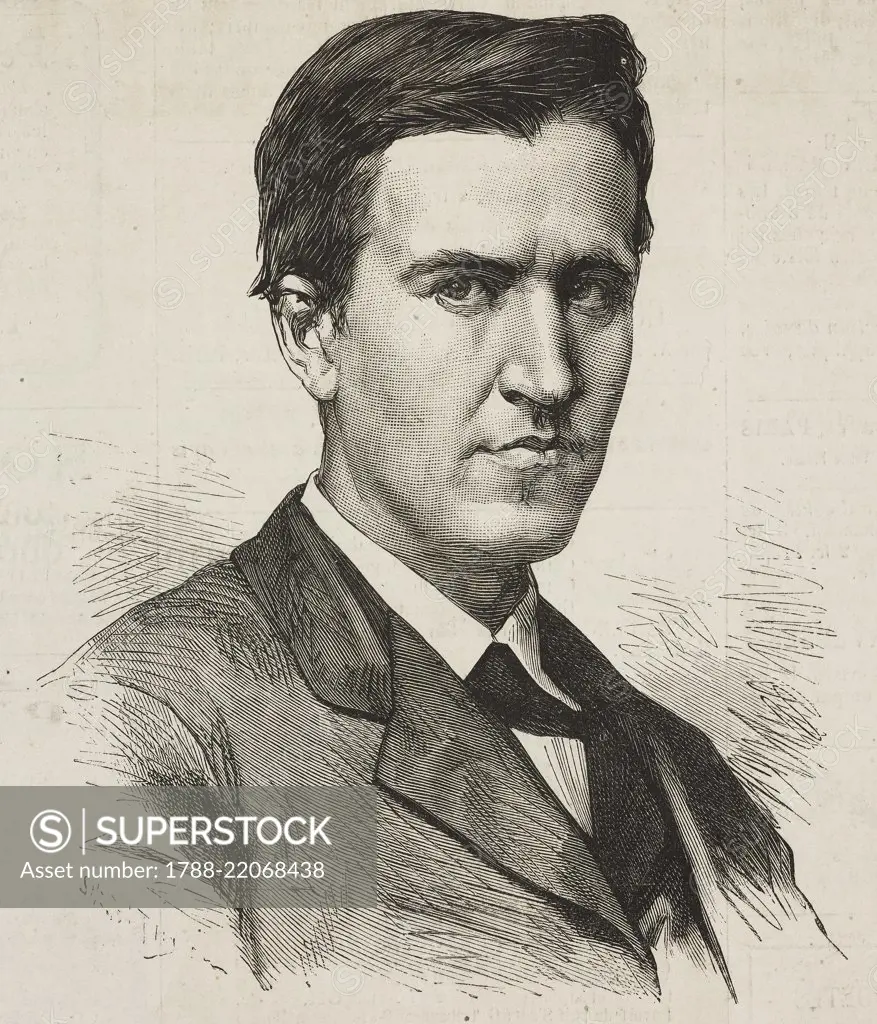 Portrait of Thomas Edison (1847-1931), American inventor, illustration by Smeeton Tilly from L'Illustration, Journal Universel, No 1851, Volume LXXII, August 17, 1878.