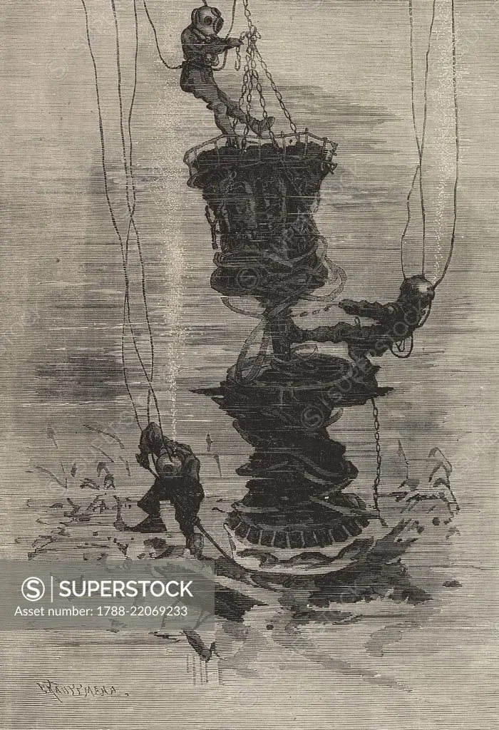 Divers attaching winches to the Magenta ironclad, sunk in Toulon port on October 31, 1875, France, illustration by Kauffmann from L'Illustration, Journal Universel, No 1709, Volume LXVI, November 27, 1875.