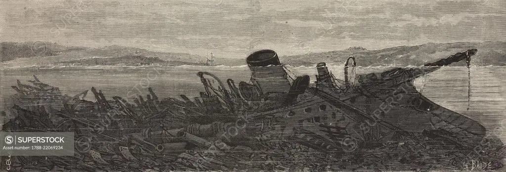 The Magenta ironclad wreckage, sunk in Toulon port on October 31, 1875, France, illustration by Baude from L'Illustration, Journal Universel, No 1709, Volume LXVI, November 27, 1875.