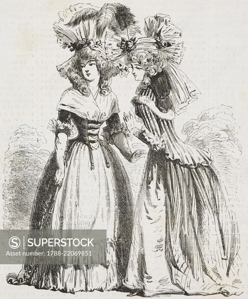 Two women wearing daytime dresses and hats, Cagliostro hat on the left, 1788, fashion history, France, illustration from L'Illustration, Journal Universel, No 260, February 19, 1848.