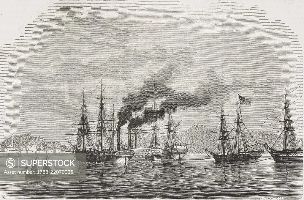 Steam ships at anchor on the Mississippi, United States of America, illustration by Le Breton from L'Illustration, Journal Universel, No 276, June 10, 1848.