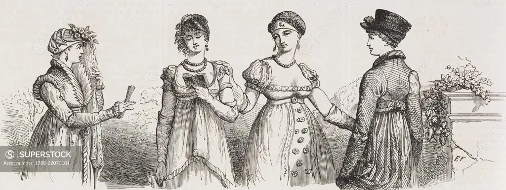 Women wearing Empire style dresses, 1804-1805, history of fashion, France, illustration from L'Illustration, Journal Universel, No 285, August 12, 1848.