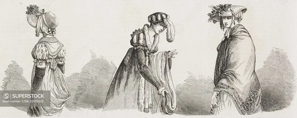 Women wearing hats and cloak, 1806-1807, history of fashion, France, illustration from L'Illustration, Journal Universel, No 285, August 12, 1848.