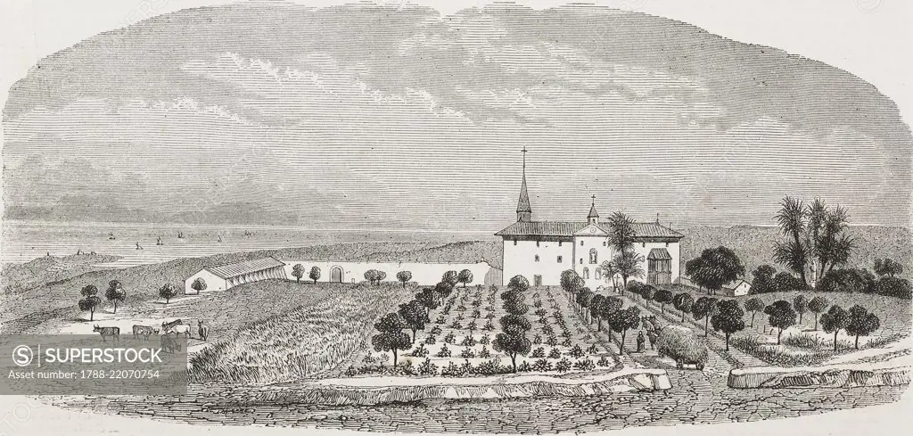 View of the monastery and farming facilities of the Trappist monks in Staoueli, Algeria, illustration from a drawing by F Appert from, the magazine L'Illustration, Journal Universel, vol 14, no 353, December 1, 1849.