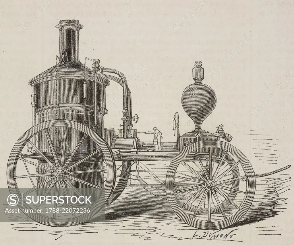 Steam traction engine, engraving from a sketch by Barbin, from L'Illustration, Journal Universel, vol 38, no 975, November 2, 1861.