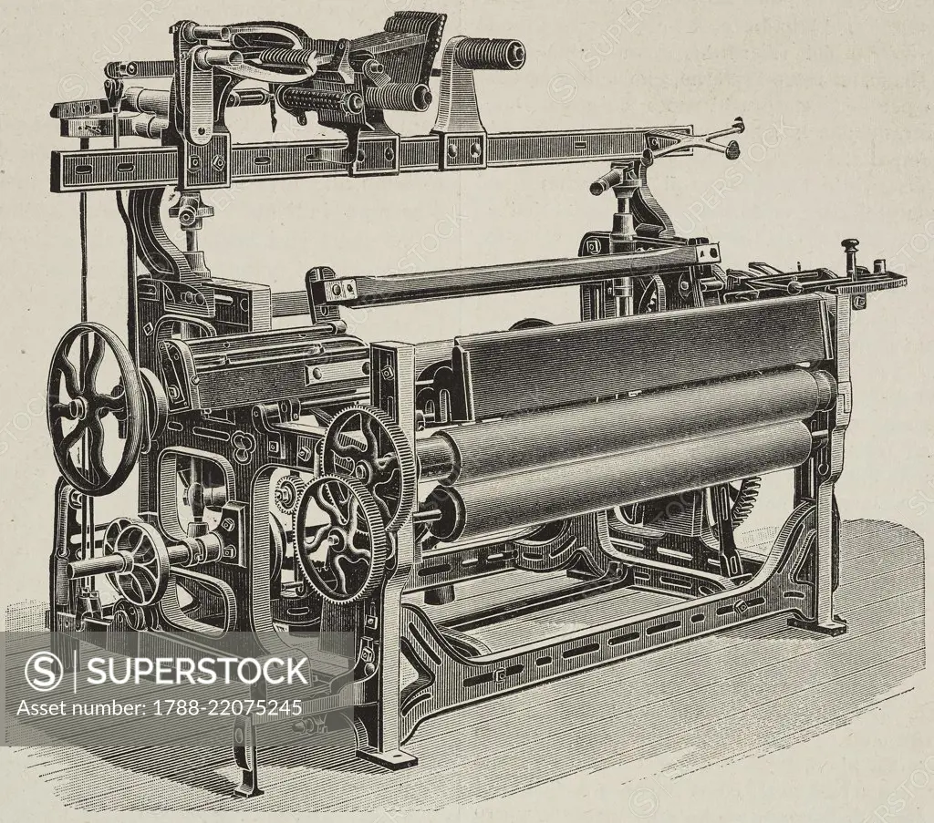 Narrow loom with one shuttle, Hodgson system, weaving machine, illustration from L'Industria, Rivista tecnica ed economica illustrata, Milan, 1897.