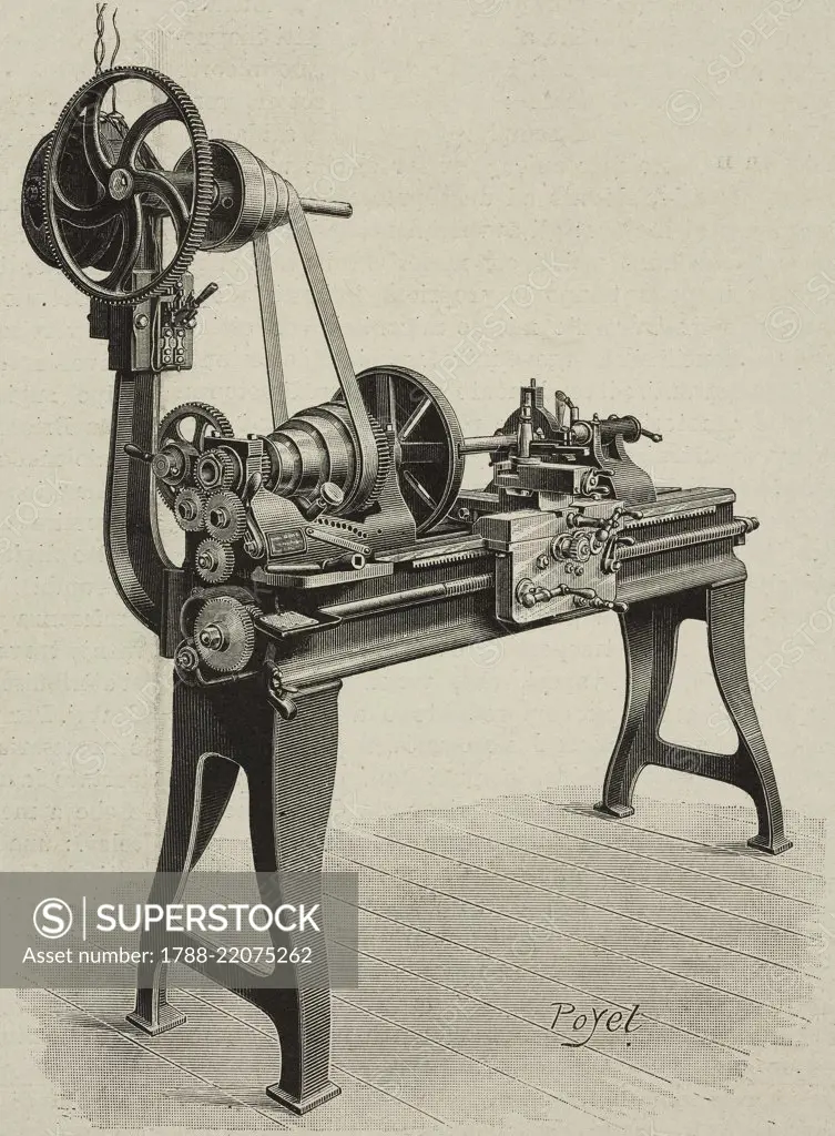 Three-phase electric motor coupled to a lathe, illustrationn by Poyet from L'Industria, Rivista tecnica ed economica illustrata, Milan, 1898.