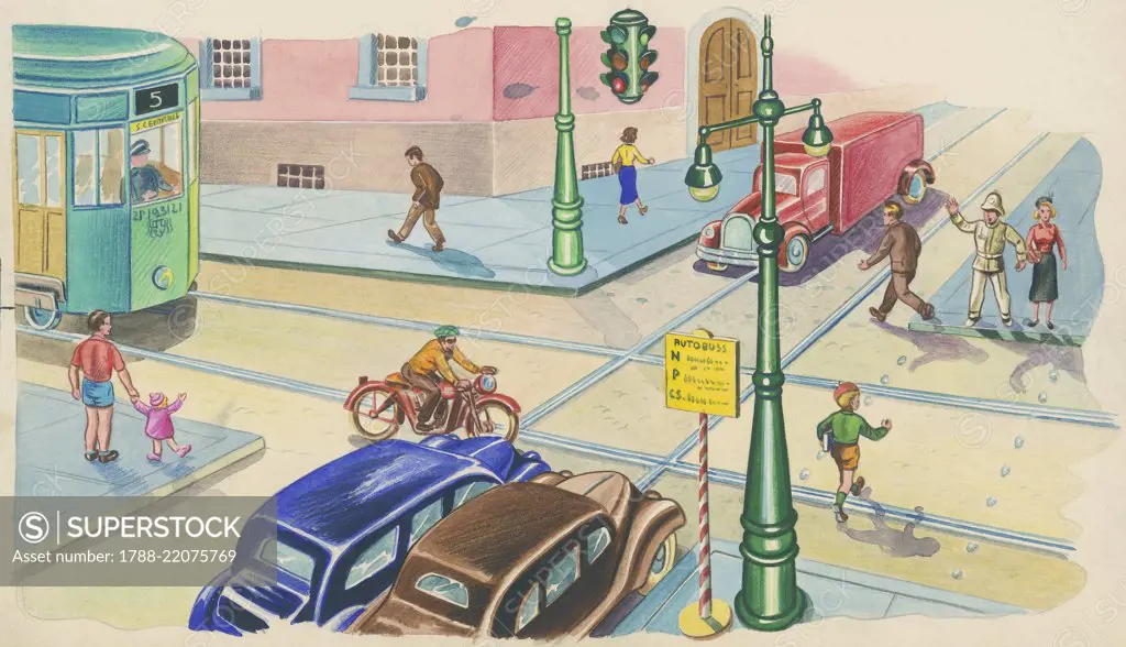 Traffic at a crossroads with traffic light, children's illustration, drawing.