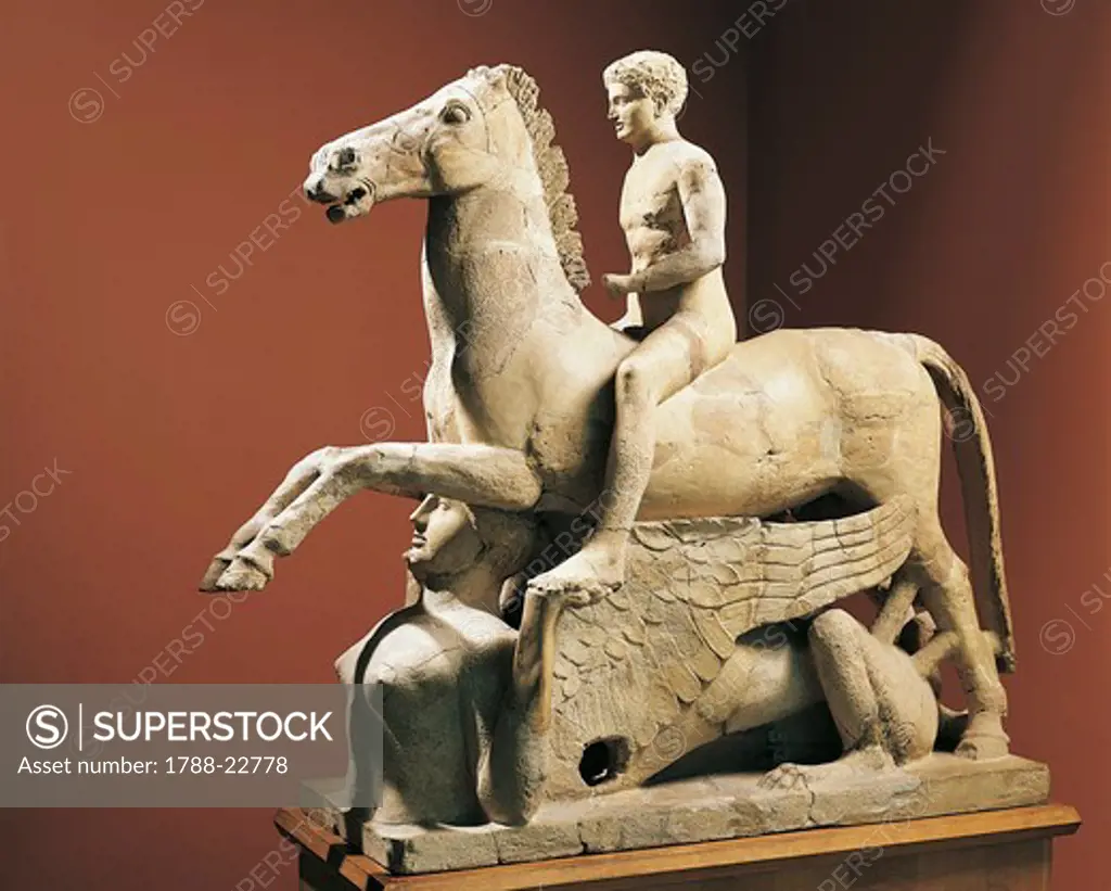 Italy, Calabria, Locri, Sculpture representing a naked knight and horse over a Sphinx, from the Temple of Zeus