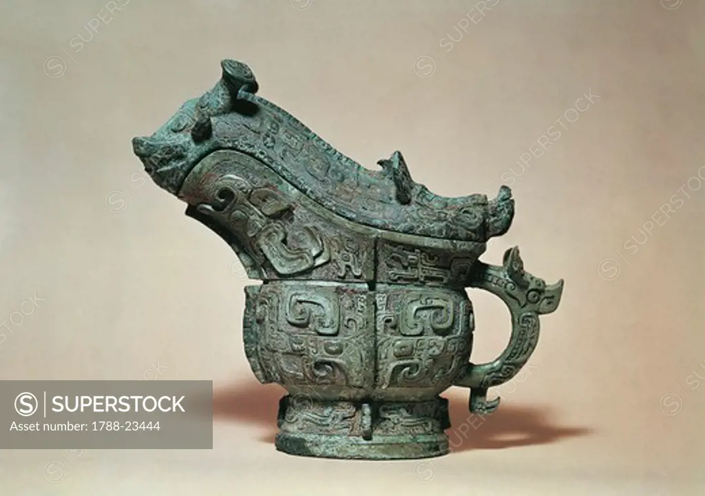 Guang (wine pitcher) decorated with a tao tieh design, Shang dynasty, bronze