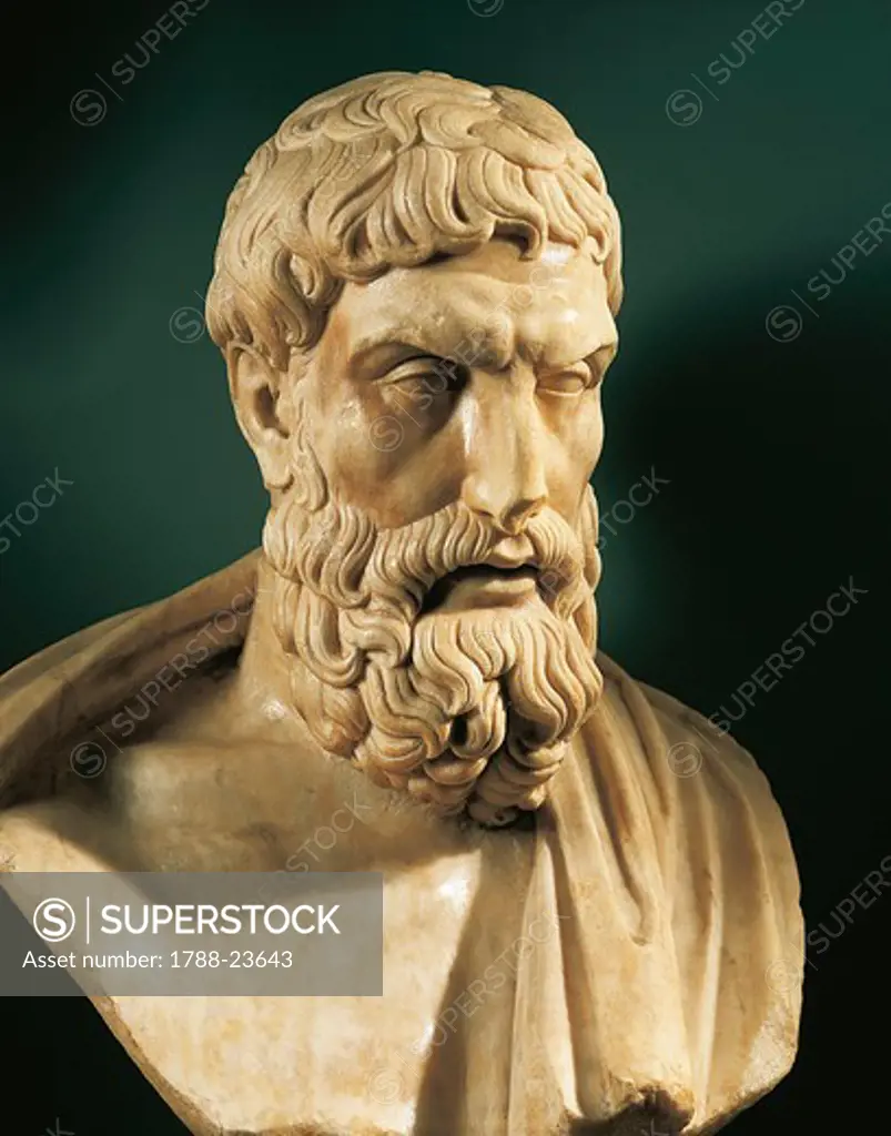 Bust of Epicurus (341 - 270 B.C.), Greek philosopher, founder of the school known as the Garden (306 B.C.), marble