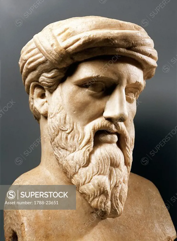 Head of Pythagoras (circa 580 B.C. - 500 B.C.), Greek philosopher and mathematician, founder of the Pythagorean school in Crotone (532 B.C.), Roman copy after a Greek original (circa 550 B.C.), marble