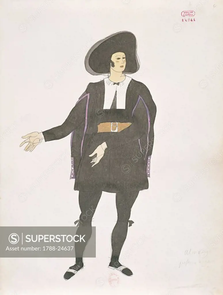 France, Paris, costume sketch for Count Almaviva for performance The Barber of Seville, or The Useless Precaution, at Paris Opera