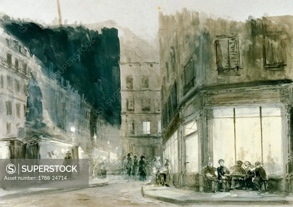 France, Paris, Cafe Momus, set design for act II in opera La boheme by Giacomo Puccini (1858-1924), performance at Paris Opera, Novermber 23, 1973