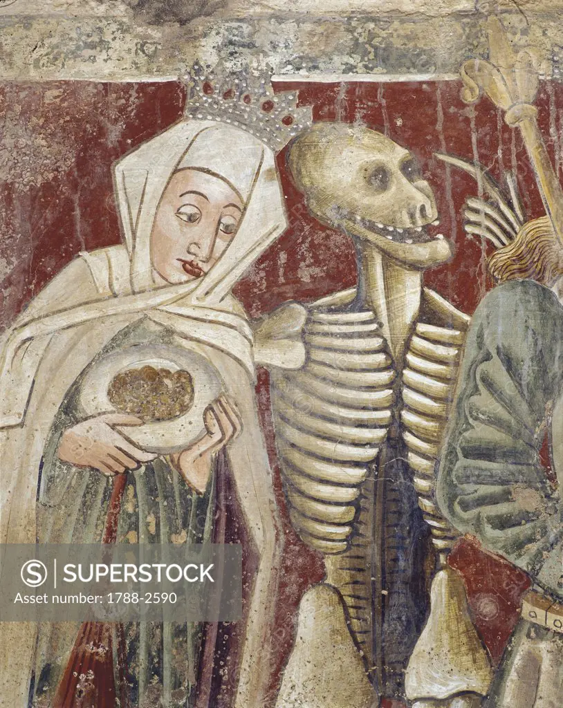 Croatia - Istria - Berem cemetery church. Fresco detail by Vincent of Kastav representing the dance of death - the death and the queen (1474)