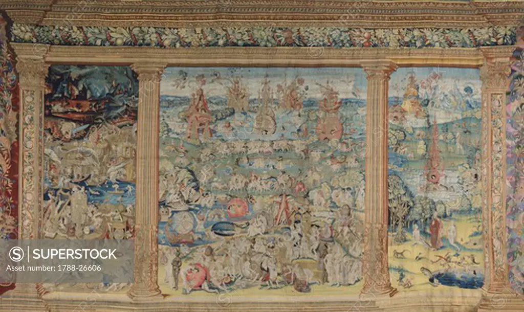 Paradise, Purgatory and Inferno (Hell), 16th century tapestry, manufacture of Brussels, from a work by Hieronymus Bosch.