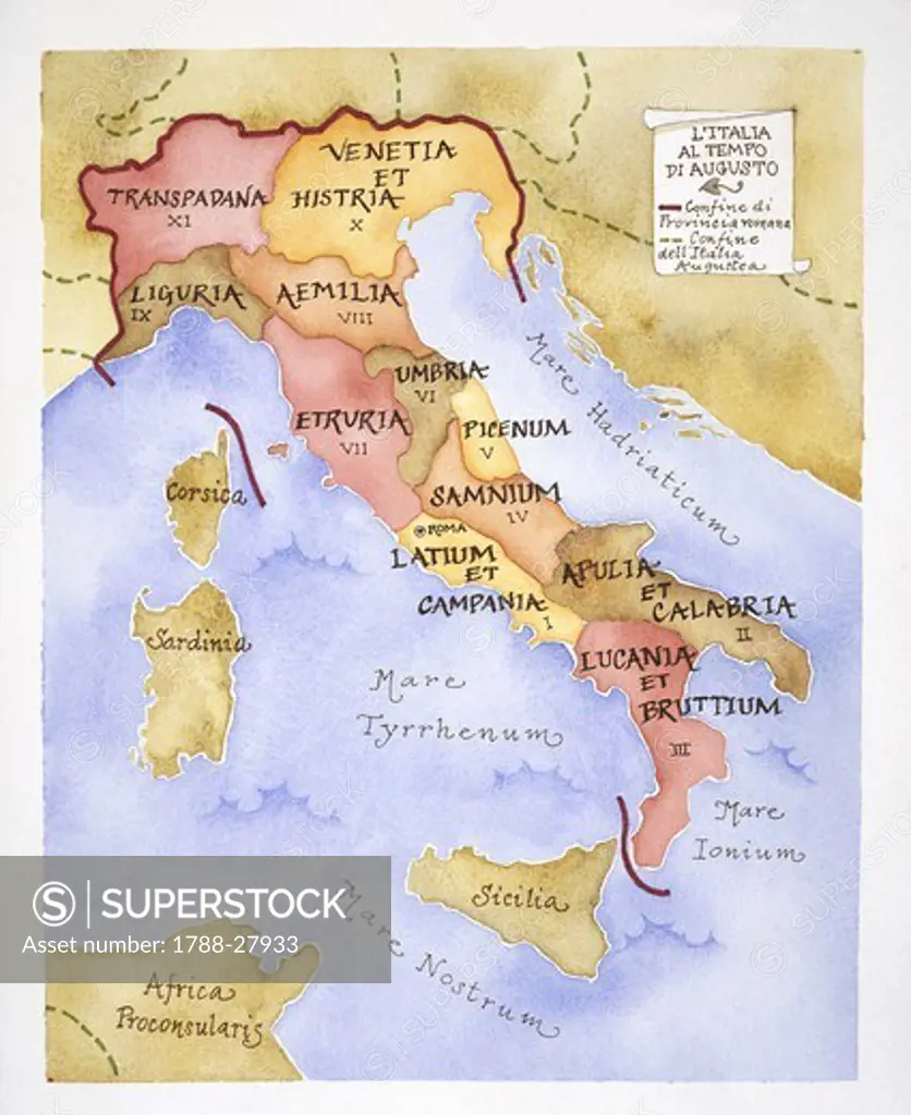 Ancient Rome. Map of regional Italy in Augustan Age, 1st century BC. Regions: Latium et Campania; II Apulia et Calabria; III Lucania et Bruttii; IV Samnium; V Picenum; VI Umbria; VII Etruria; VIII Aemilia; IX Liguria; X Venetia et Histria; XI Transpadana.