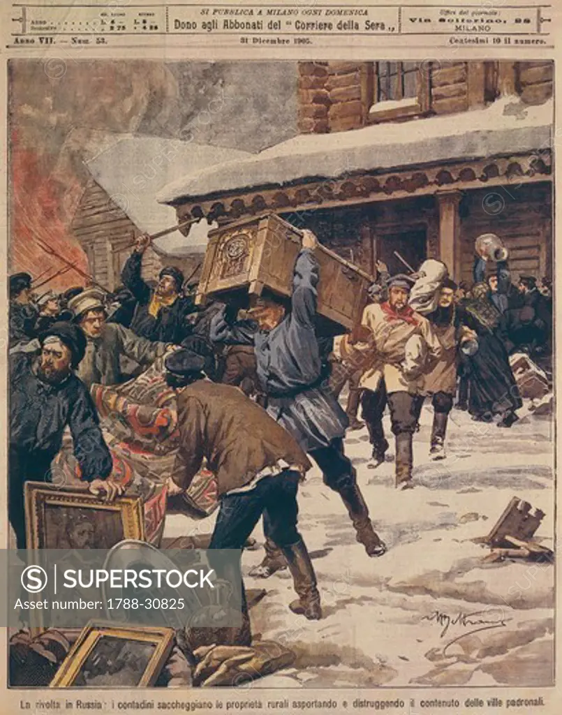 The Russian Revolution: Peasants plundering the properties of the rural rich. Illustrator Achille Beltrame (1871-1945), from La Domenica del Corriere, December 1905.